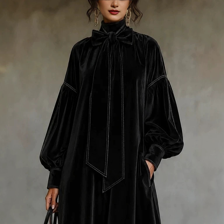 Black Velvet Bow Lantern Sleeve Loose A-Line Midi Dress