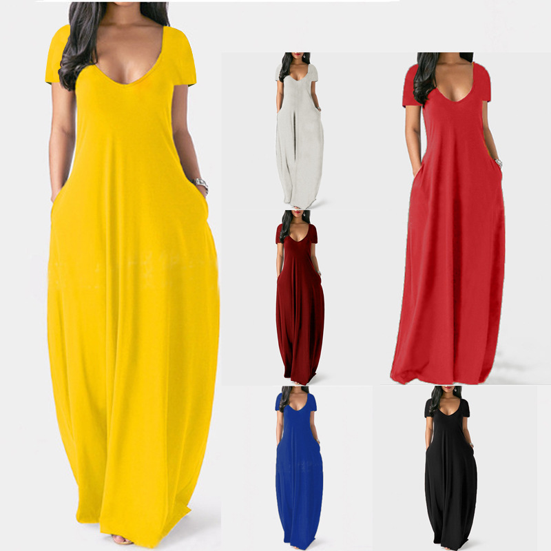 Plus Size Solid Deep V-Neck Short Sleeve Long Dress