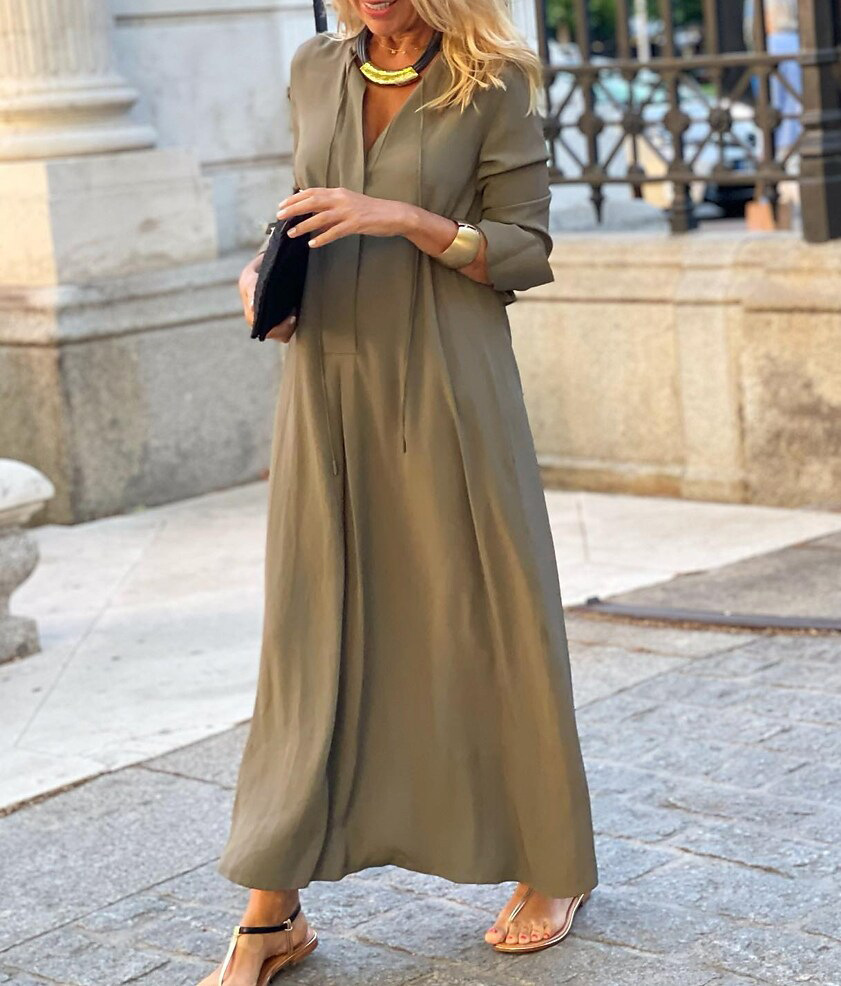 Solid Color Collared Long Sleeve Maxi Shirt Dress