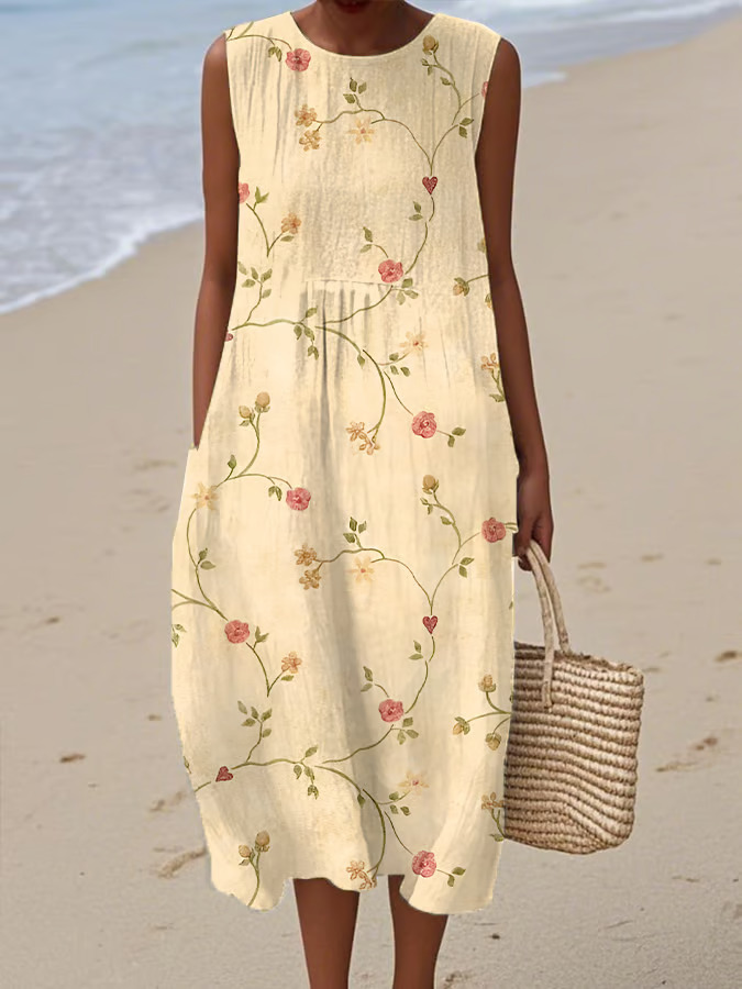 Women's Vintage Floral Sleeveless Midi Dress