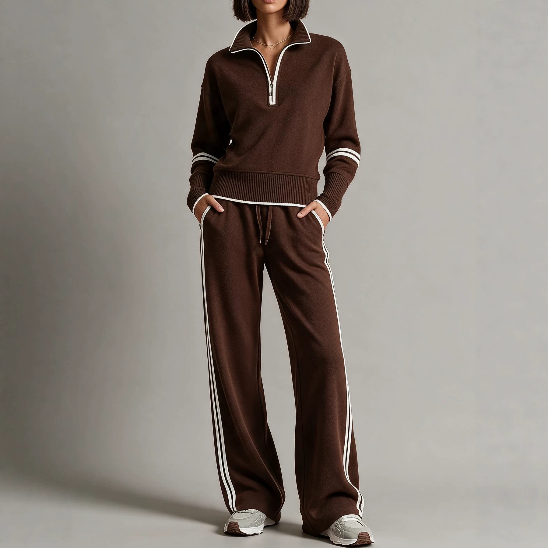 Colorblock Stand Collar Hoodie & Wide-Leg Pants Two-Piece Set