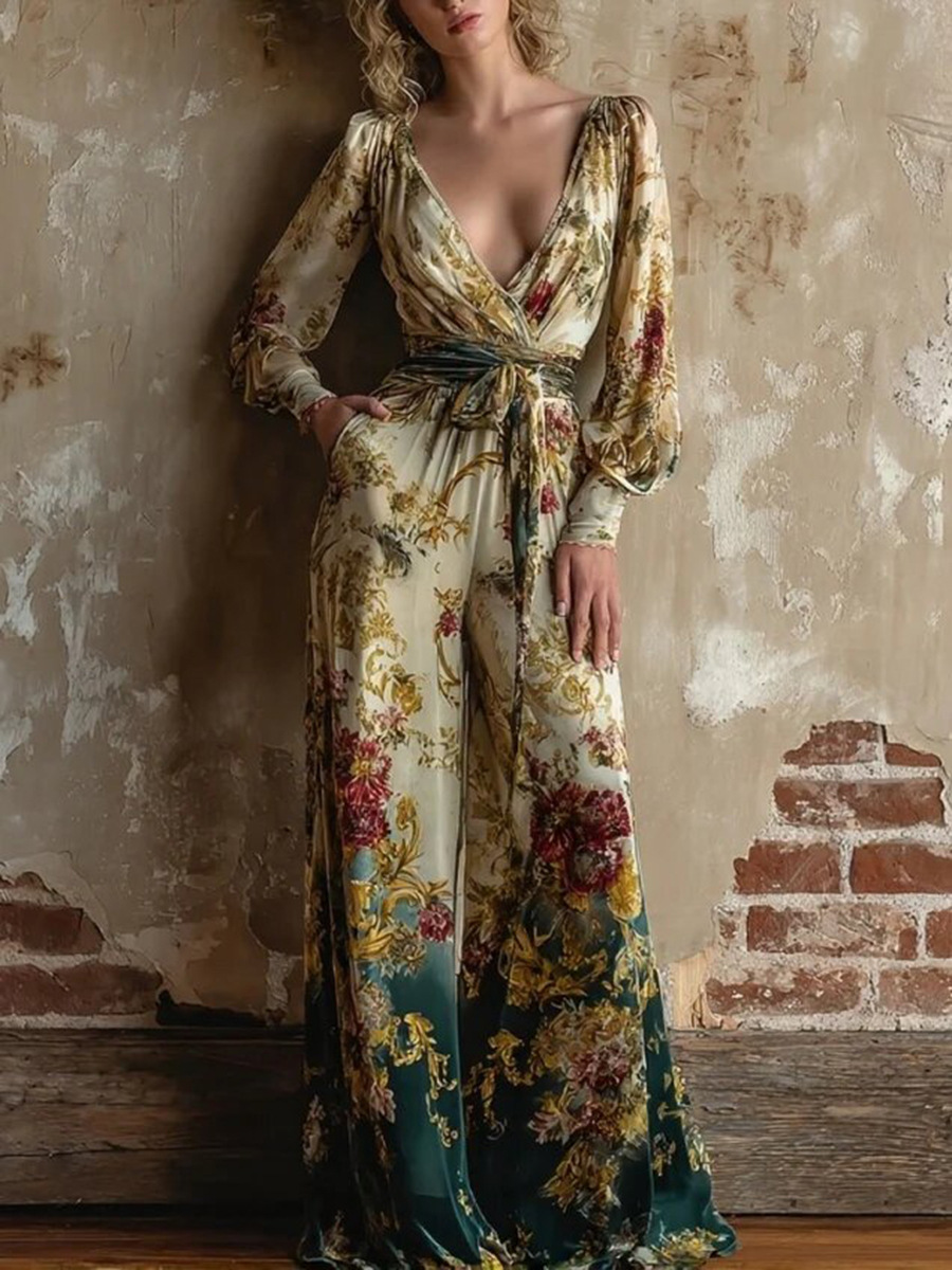 Women's Sexy Deep V Lantern Sleeve Vintage Print Tie Wide Leg Jumpsuit