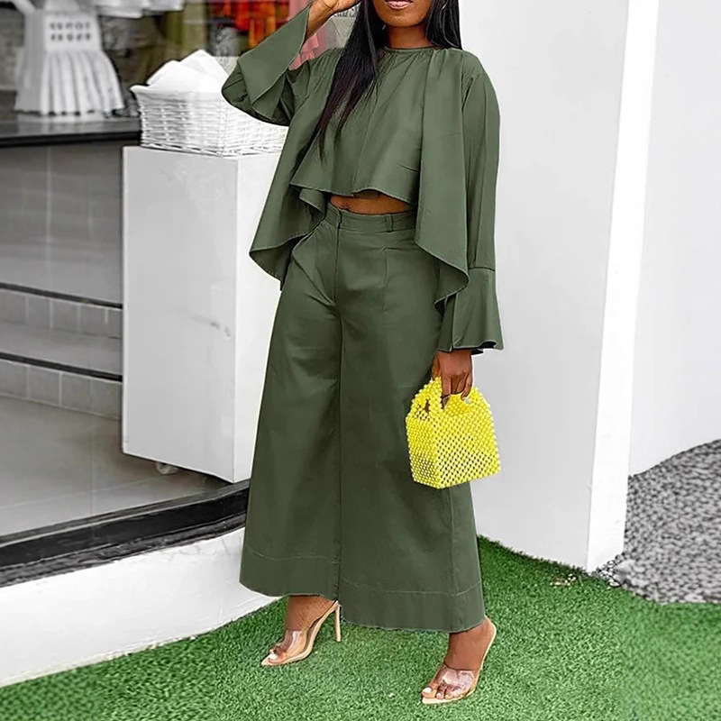 Elegant Asymmetric Long Sleeve Shirt and Straight Leg Pants Two-Piece Set