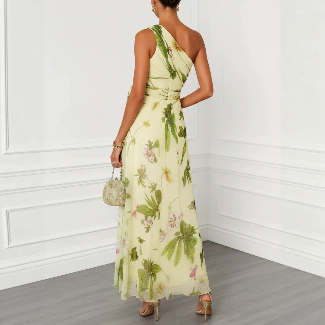 Floral Print One-Shoulder Chiffon Maxi Dress with Tie Waist