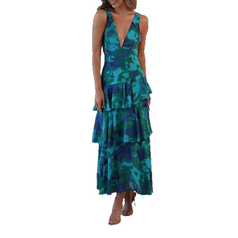 Elegant Floral Print V-Neck Sleeveless Open-Back Midi Dress