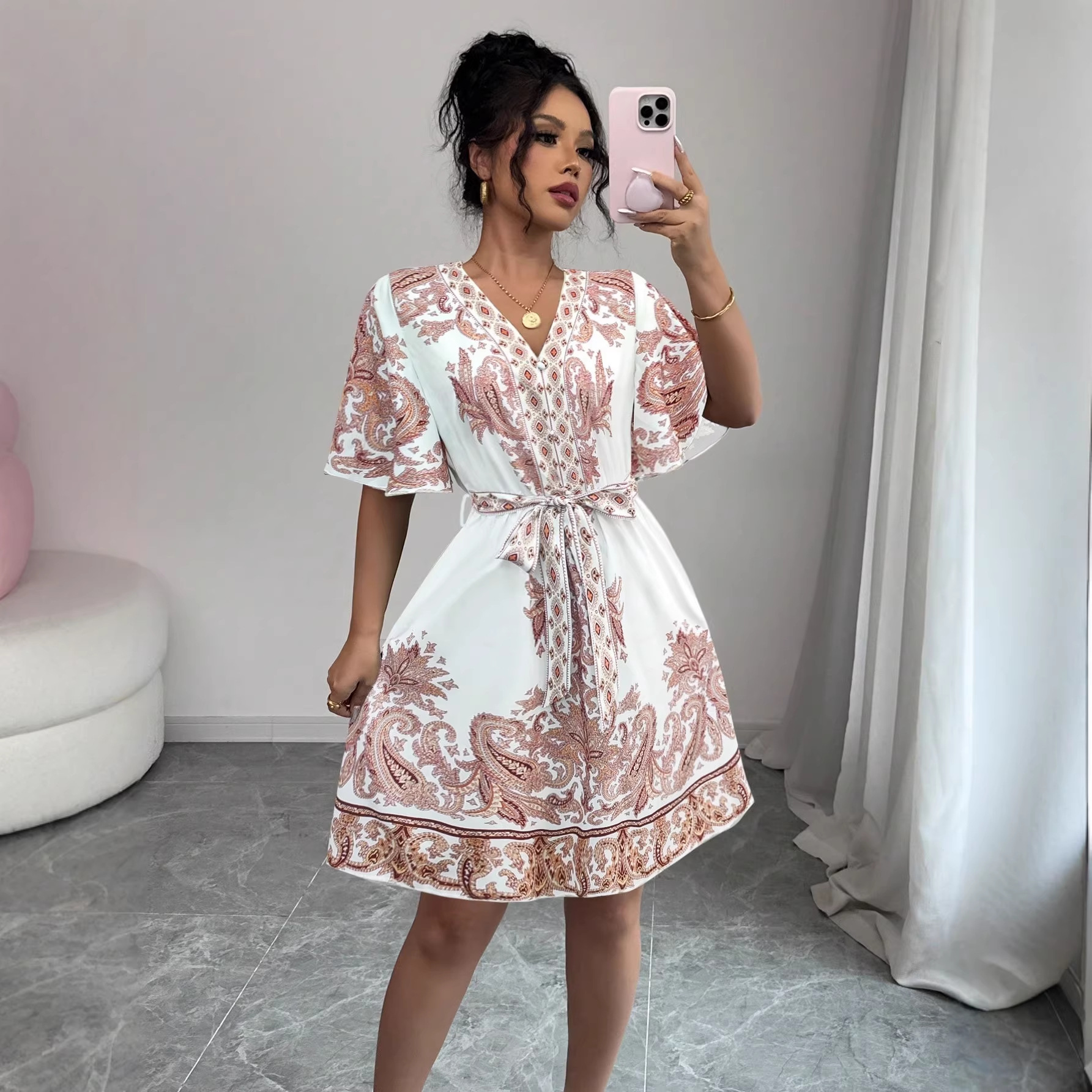 Bohemian V-Neck Tie-Waist Floral Print Vacation Dress