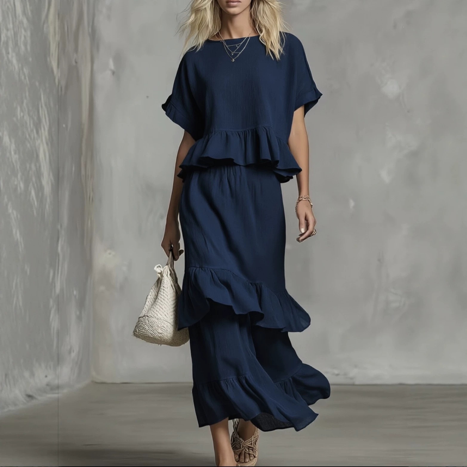 2026 Summer Cross-Border European & American Women's Wear Hot-Selling Ruffle Two-Piece Set Independent Site High-Waist Ruffle Long Skirt