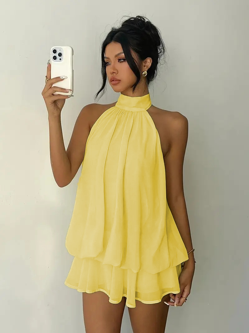 Solid Halter Open-Back Fitted Top Puff Mini Dress