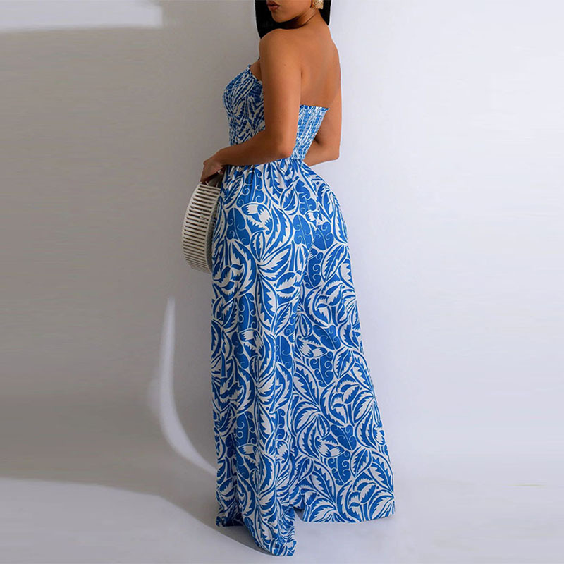 Women's Printed Strapless Wide-Leg Jumpsuit with Open Back and Cinched Waist