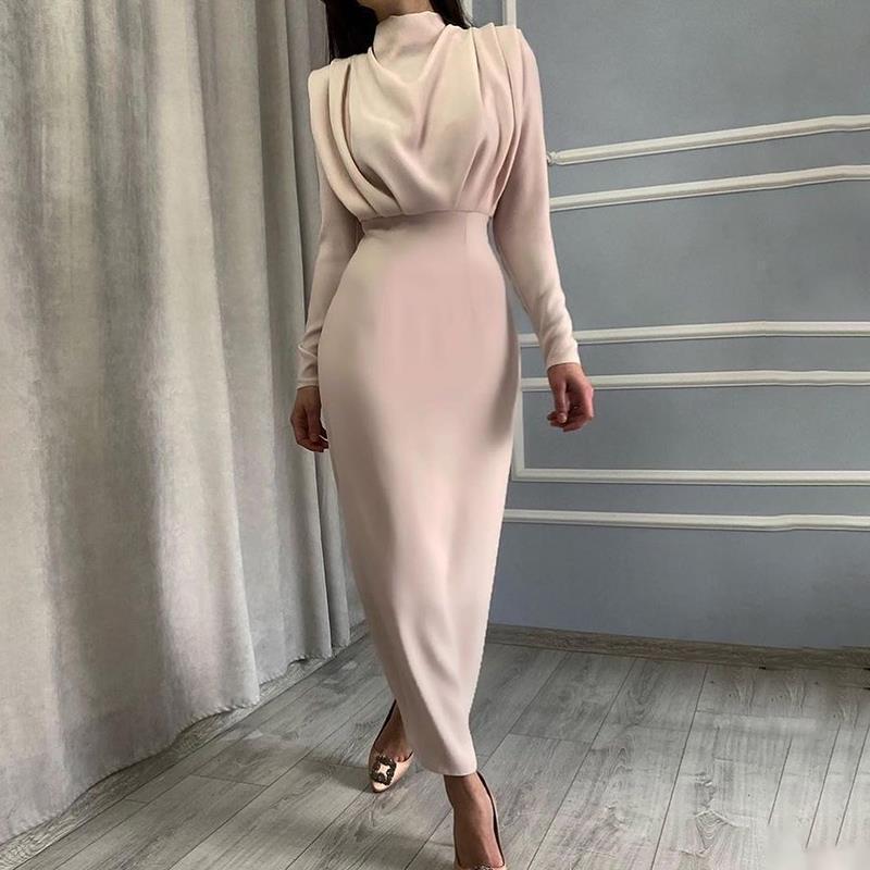 Women's Long Sleeve Solid Color Waist-Cinching Midi Dress