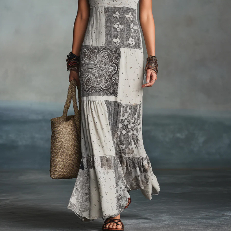 Women's Sleeveless Off-Shoulder Geometric Print Maxi Dress
