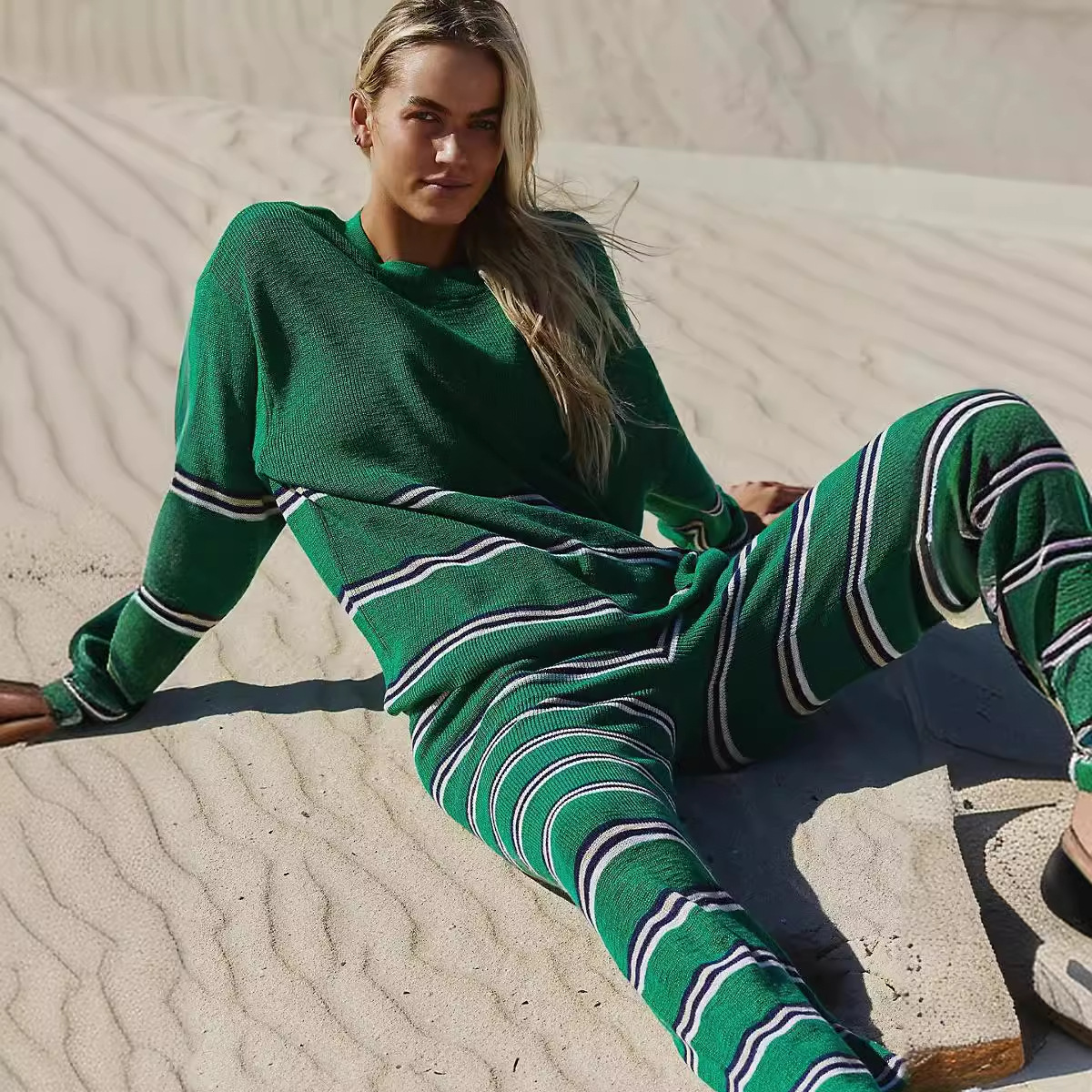 Women's Striped Sweater and Pants Set Crew Neck Long Sleeve Relaxed Fit