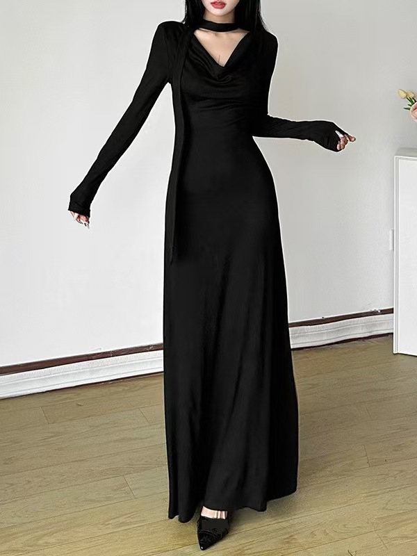 Off-Shoulder V-Neck Long-Sleeve Slimming Midi Dress
