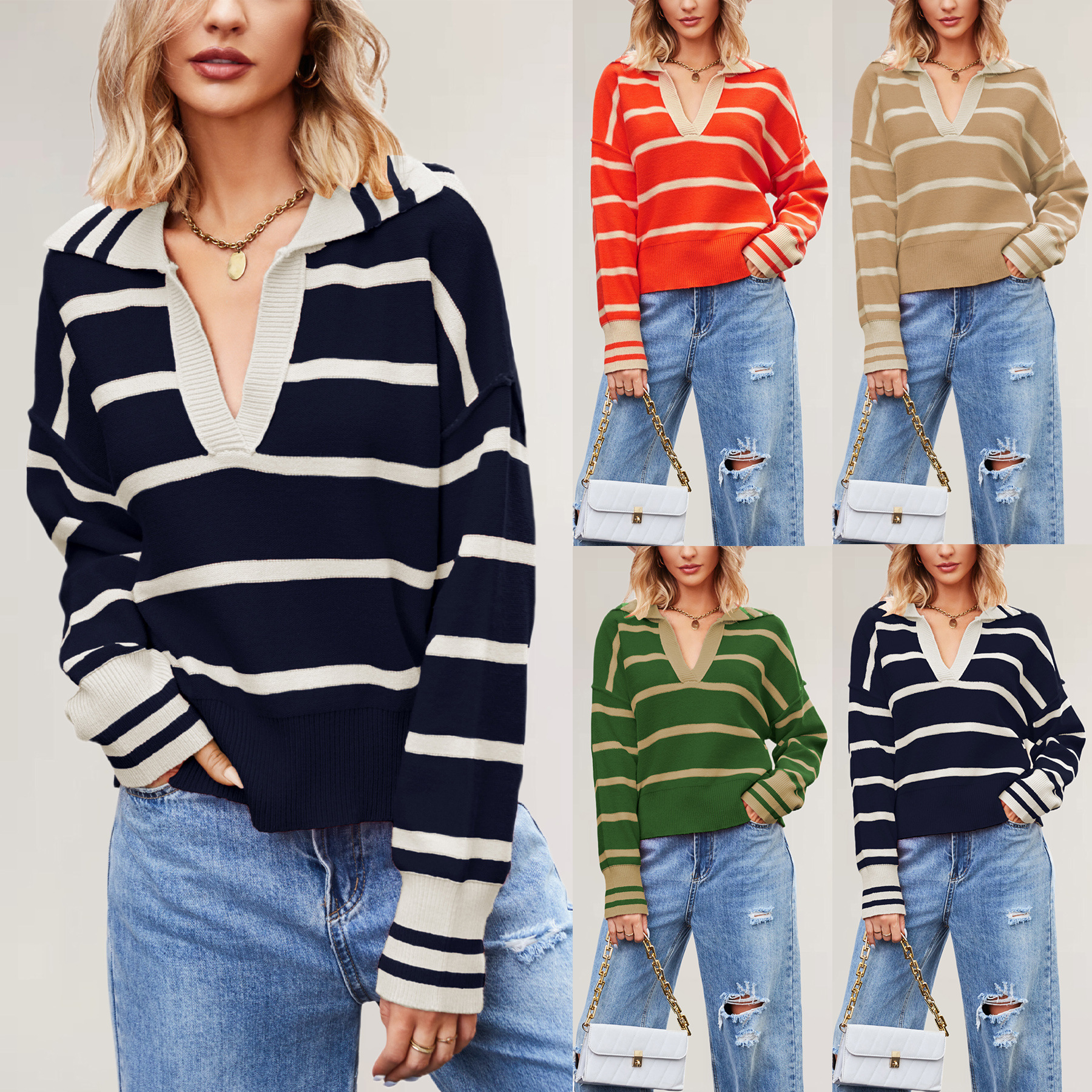 V-Neck Striped Colorblock Loose Knit Sweater