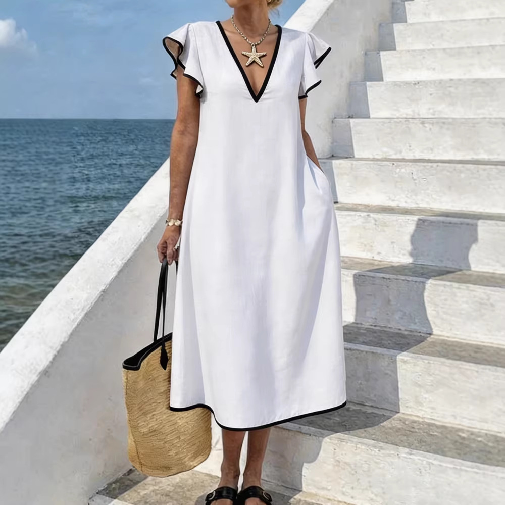 V-Neck Bohemian Loose Plus-Size Long Dress with Pockets
