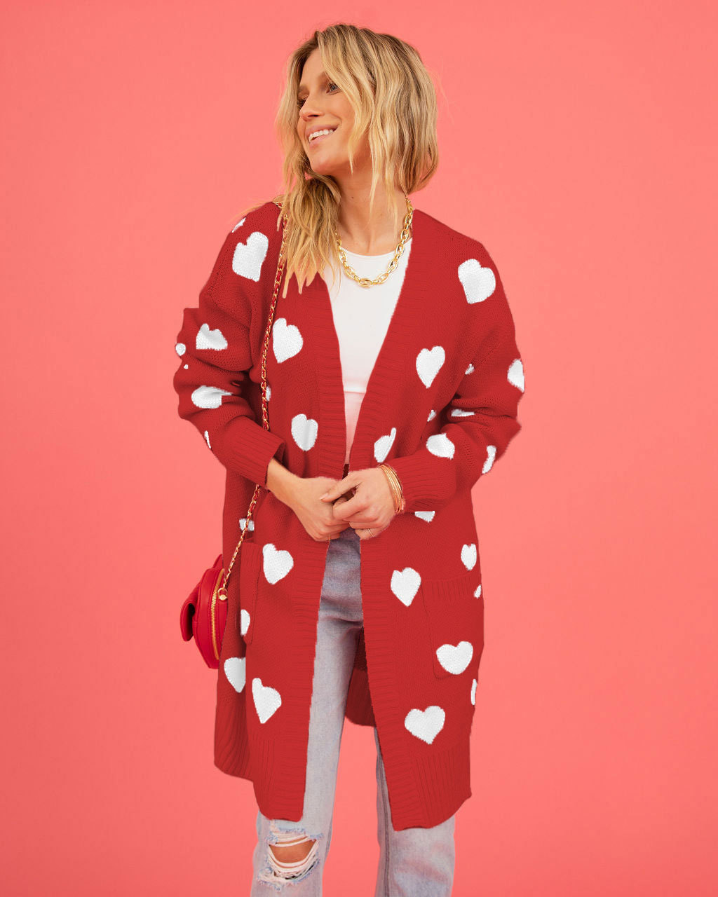 Heart Jacquard V-Neck Midi Cardigan Sweater Coat with Pockets