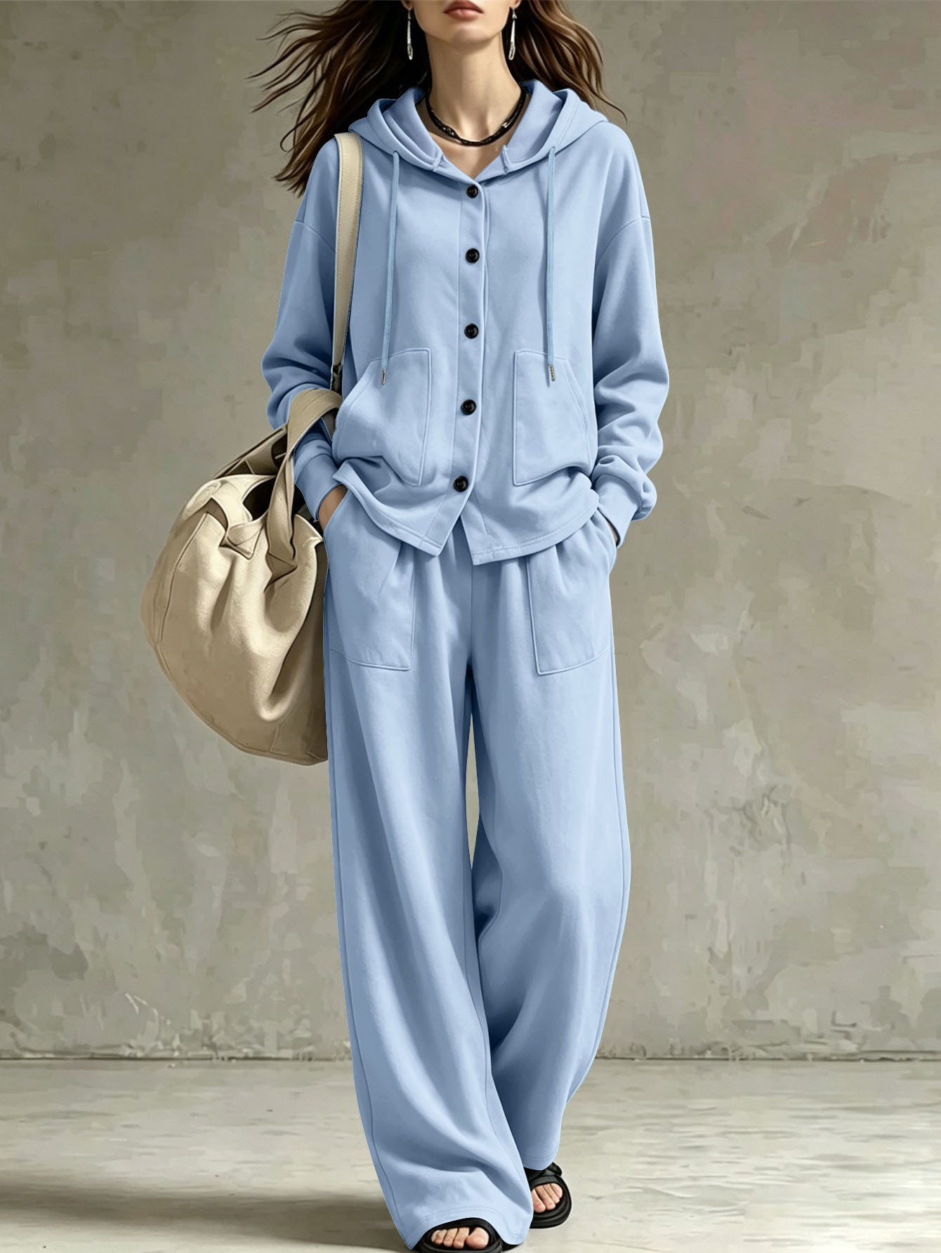 Women's Loose Hooded Cardigan and Wide-Leg Pants Two-Piece Set