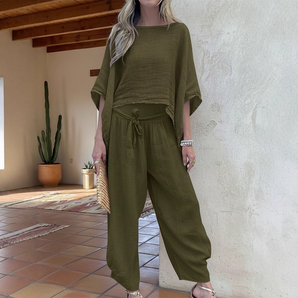 Women's Solid Color Tie Shirt and High-Waist Straight-Leg Pants Set