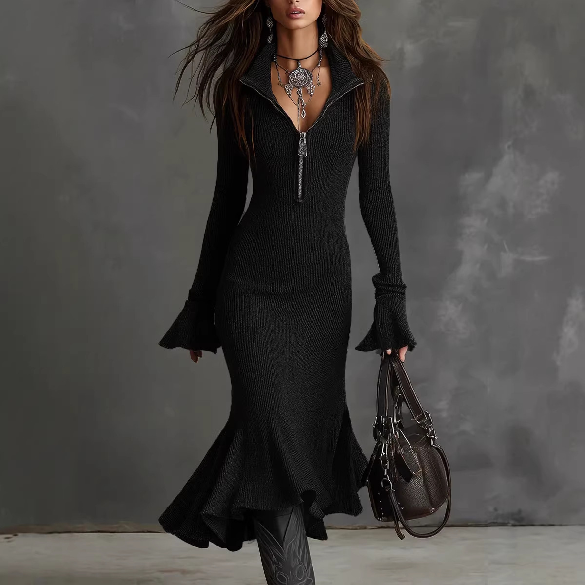 Elegant Zip V-Neck Bell Sleeve Knit Mermaid Dress