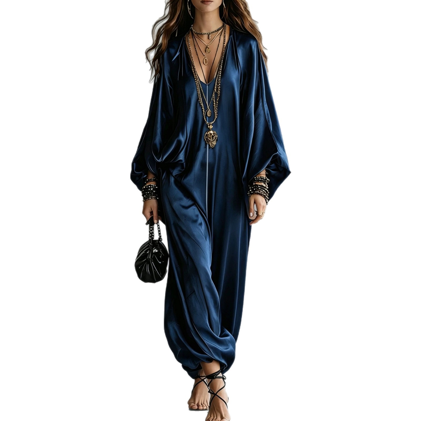 Women's Satin Jumpsuit Loose Wide-Leg Long Sleeve V-Neck