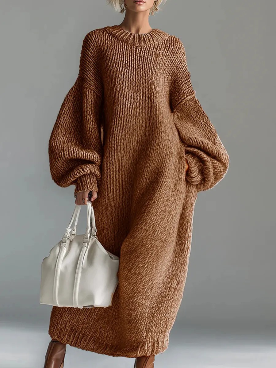 Women's Crewneck Lantern Sleeve Long Knit Sweater Dress