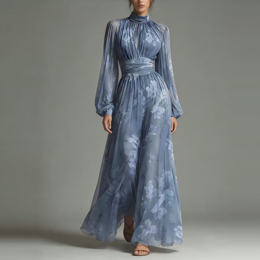 Women's Digital Print Ruched Waist Slimming Pleated Dress