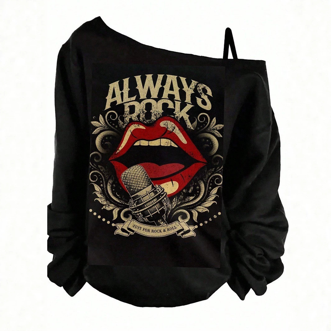 Women's One-Shoulder Long-Sleeve Loose Vintage Sweatshirt with Graphic Print