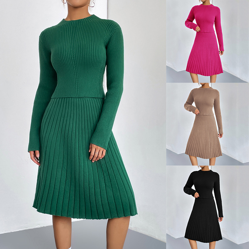 Solid A-Line Pleated Midi Skirt & Knit Sweater Two-Piece Set
