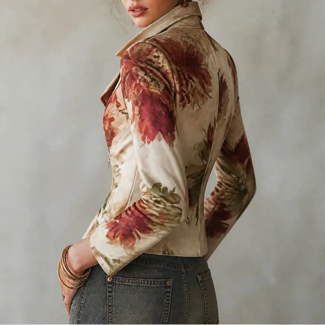 Bohemian Floral Print Asymmetric Hem Zip Moto Jacket