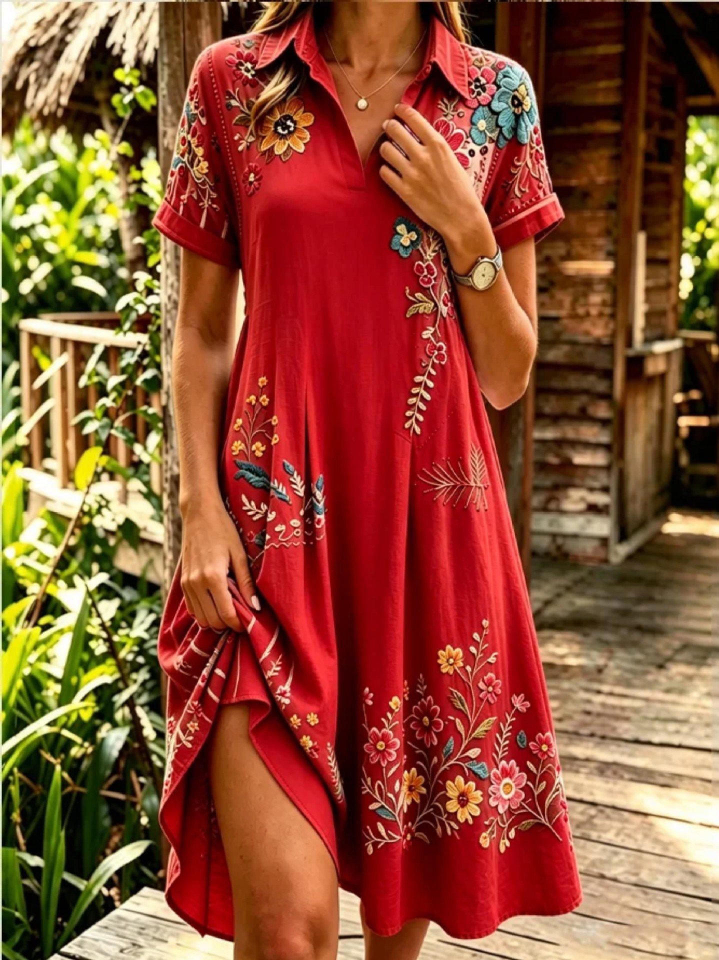 Women's Floral Print Casual Midi Dress Short Sleeve Deep V-Neck Slim Fit