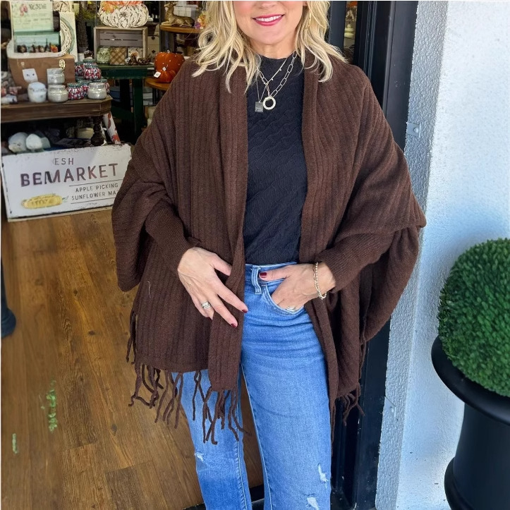 Women's Solid Knit Fringe Shawl Cardigan