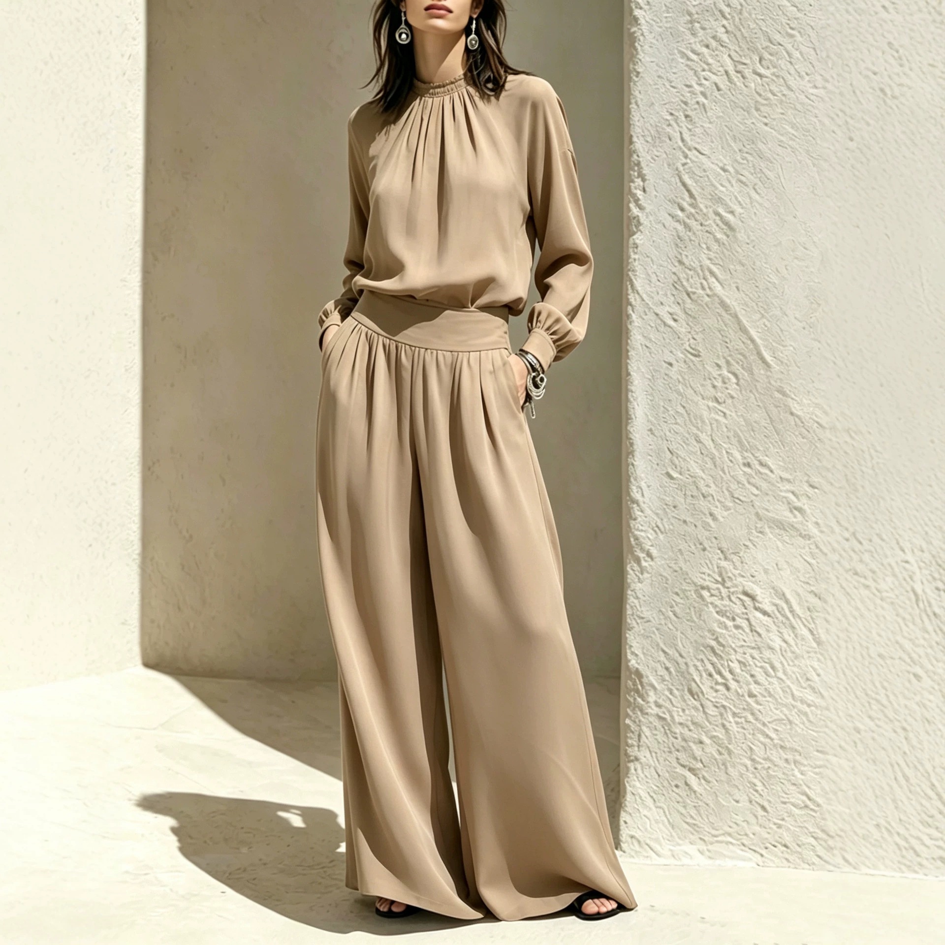 Women's Stand Collar Loose Top and Wide-Leg Pants Set