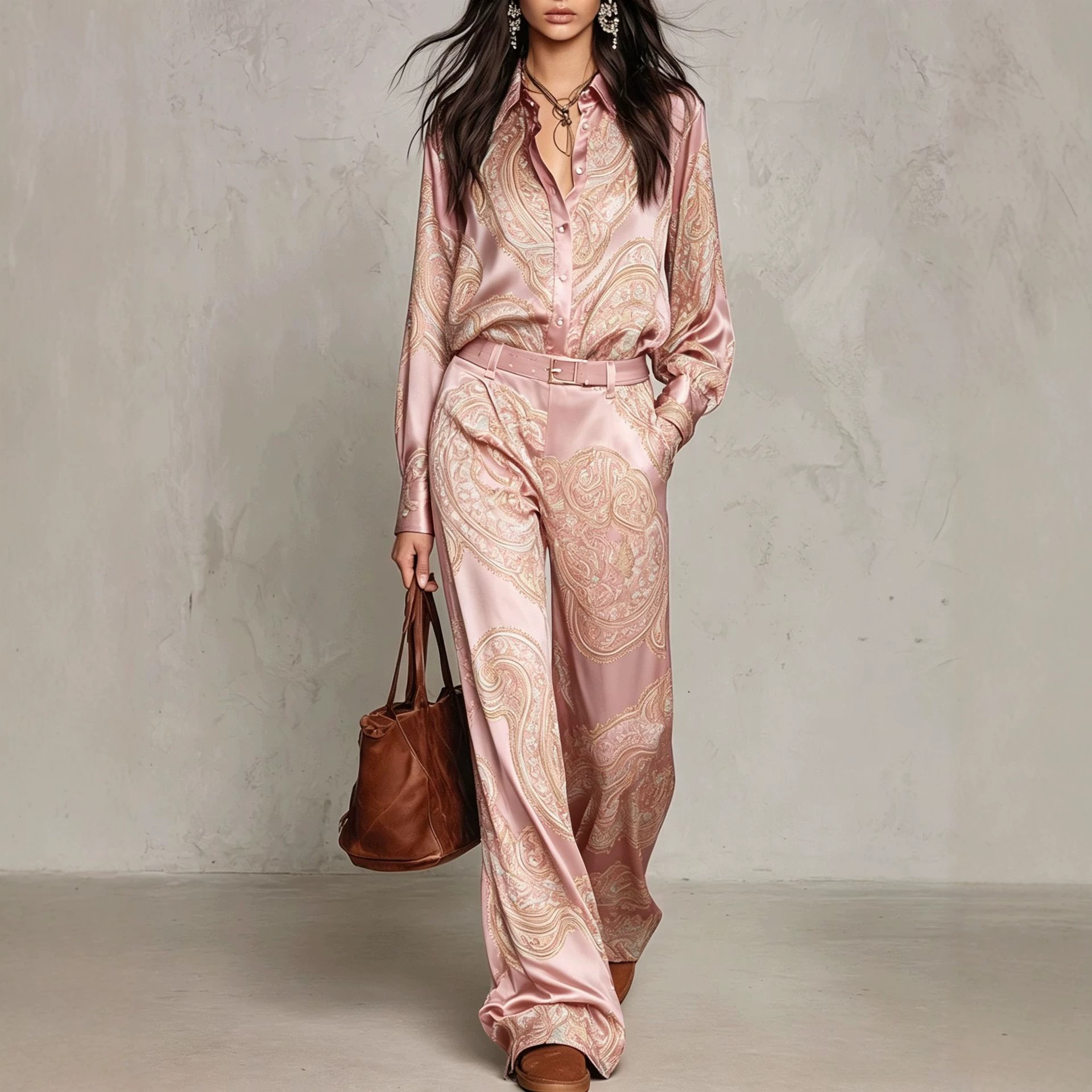 Paisley Print Long Sleeve Shirt and Wide Leg Pants Set