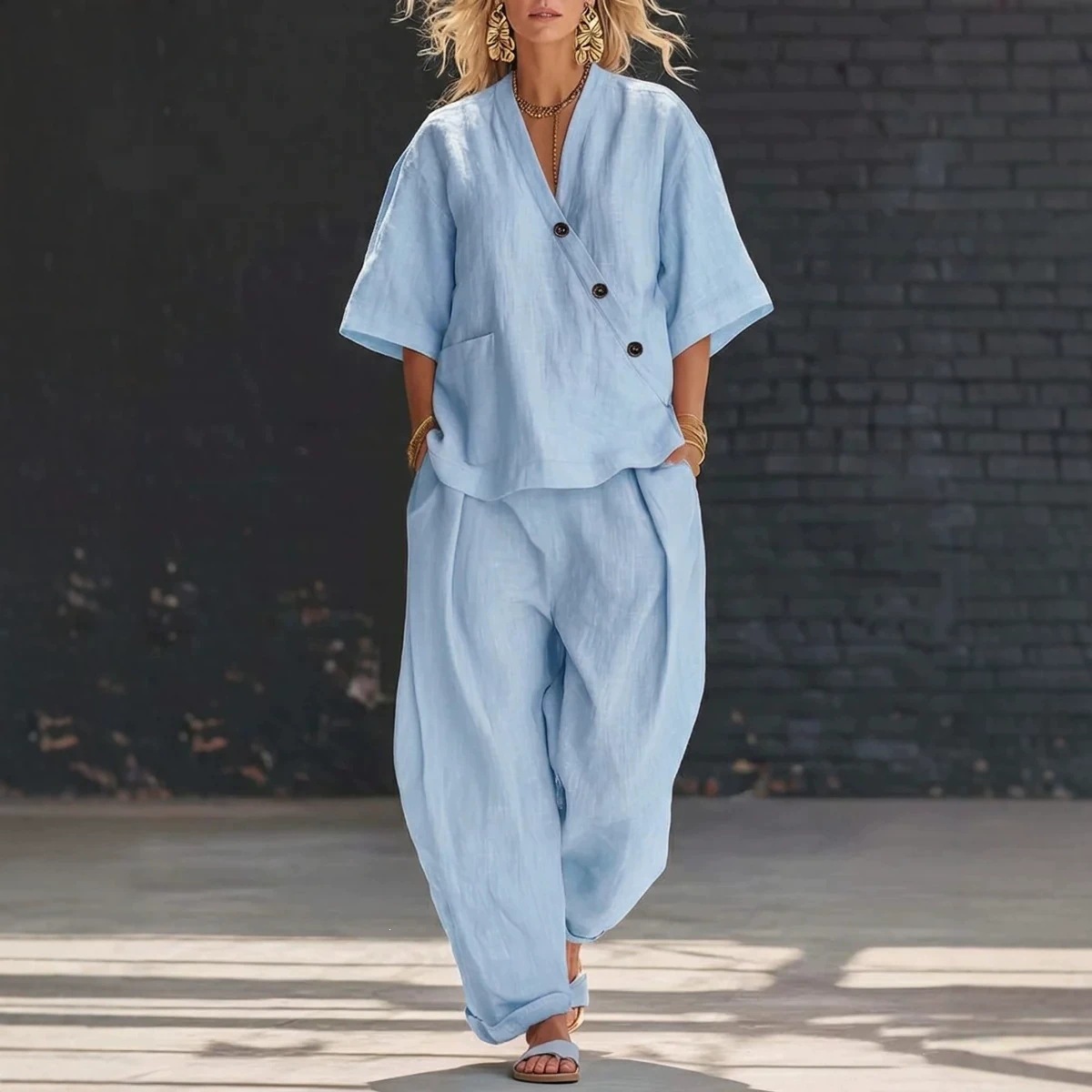 Women's Asymmetric Button V-Neck Shirt and Wide-Leg Pants Casual Set