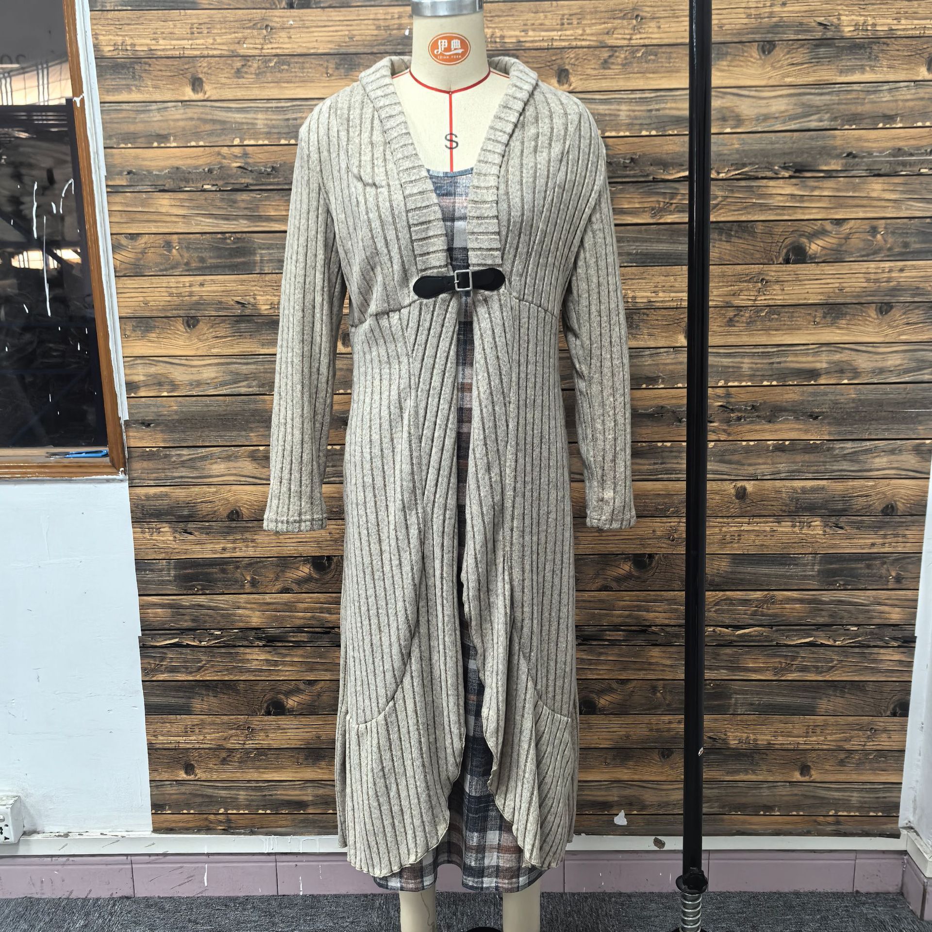 Pleated Long Sleeve Cardigan Trench Coat & Knit Dress Two-Piece Set