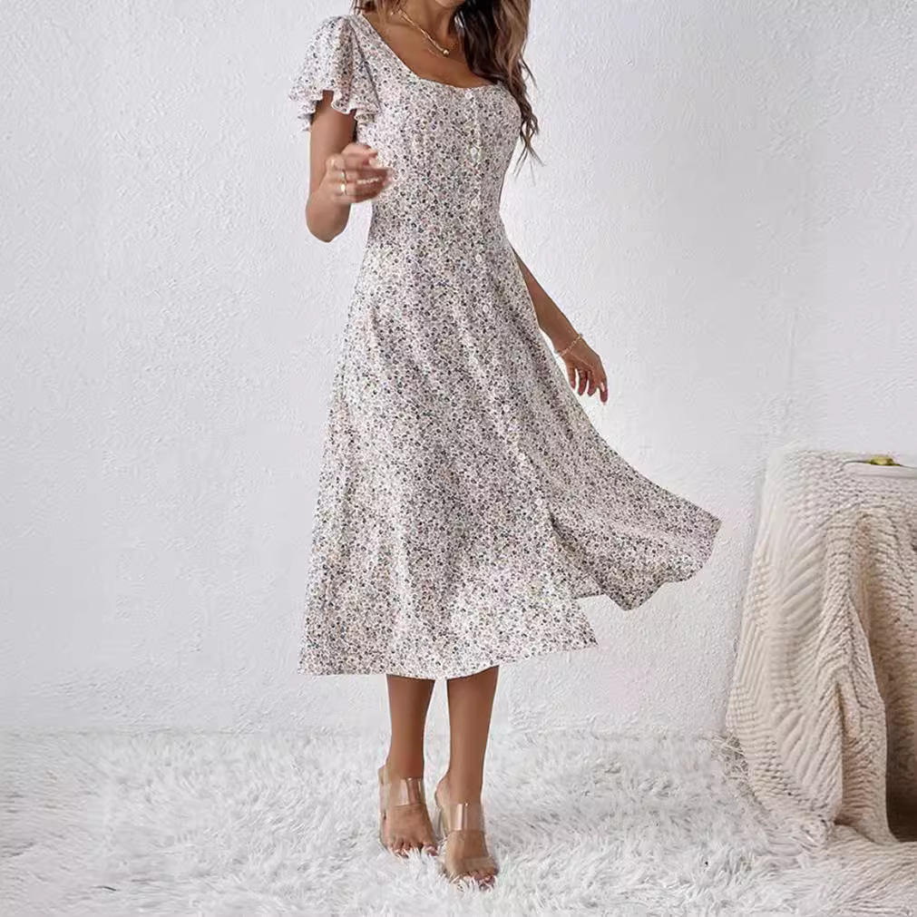 Floral Print Square Neck Short Sleeve Maxi Dress