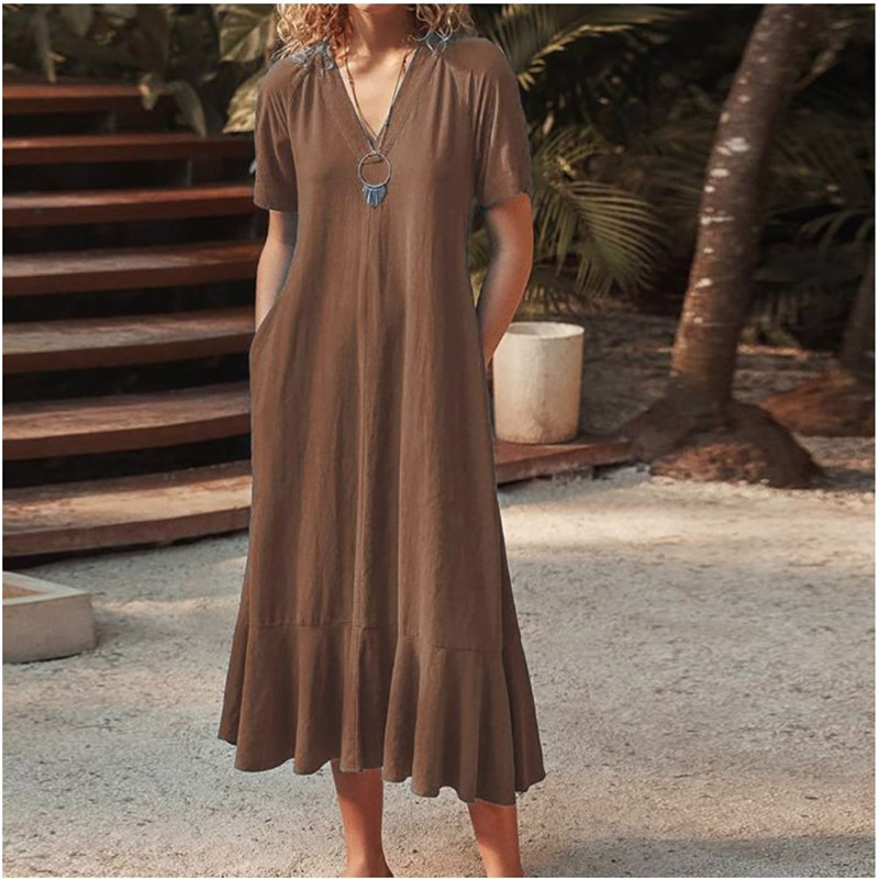 Women's Solid V-Neck Tie Short Sleeve A-Line Long Dress