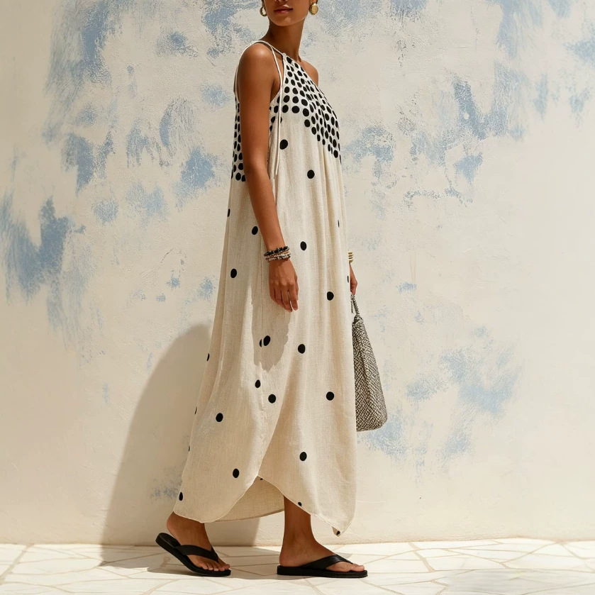 Women's Polka Dot One-Shoulder Tie Long Dress