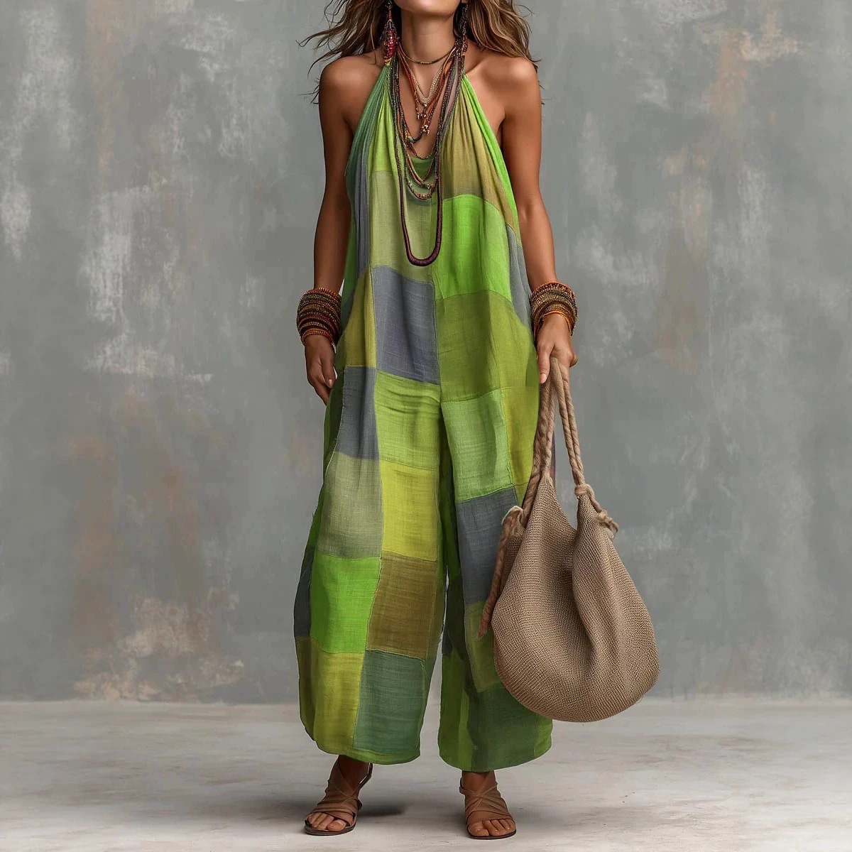 Women's Summer Plaid Print Sleeveless Wide-Leg Jumpsuit