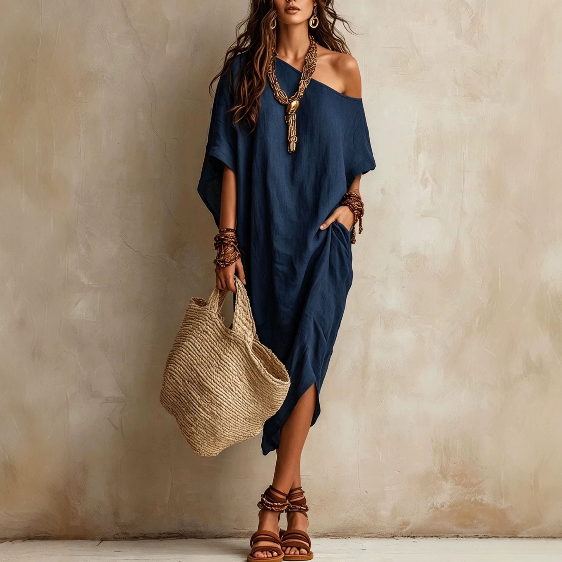 Solid One-Shoulder Loose Casual Dress