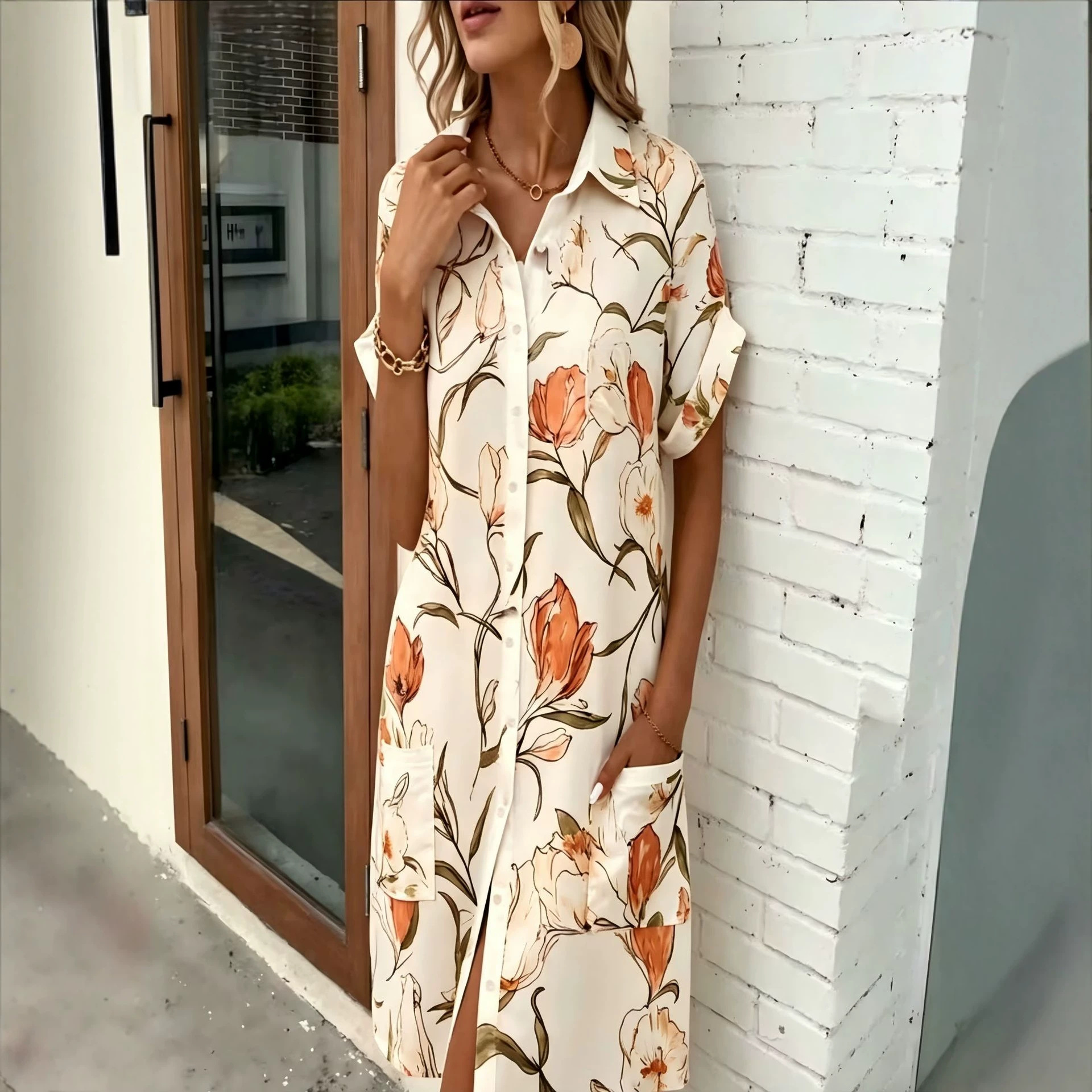 Women's Floral Print Midi Shirt Dress with 3D Digital Print