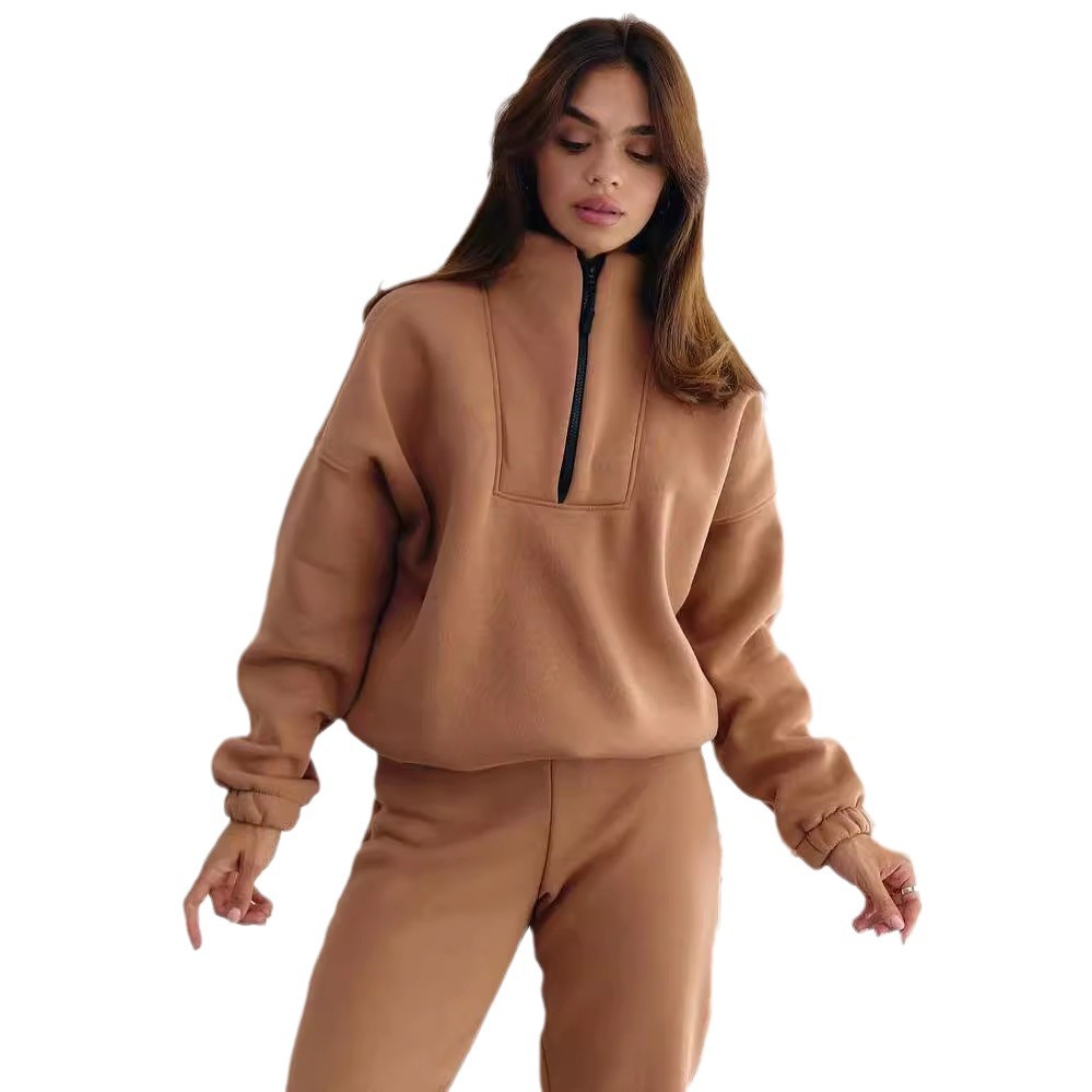 Women's Stand Collar Zip Two-Piece Sweatsuit Set Solid Color