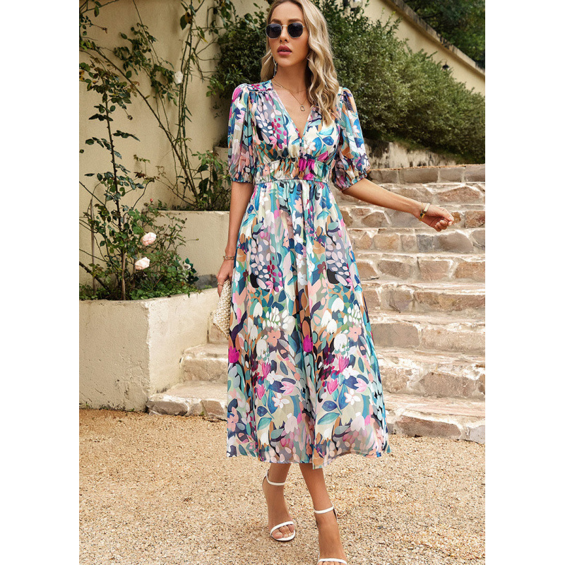 V-Neck Chiffon Floral Print High-Waist Maxi Dress