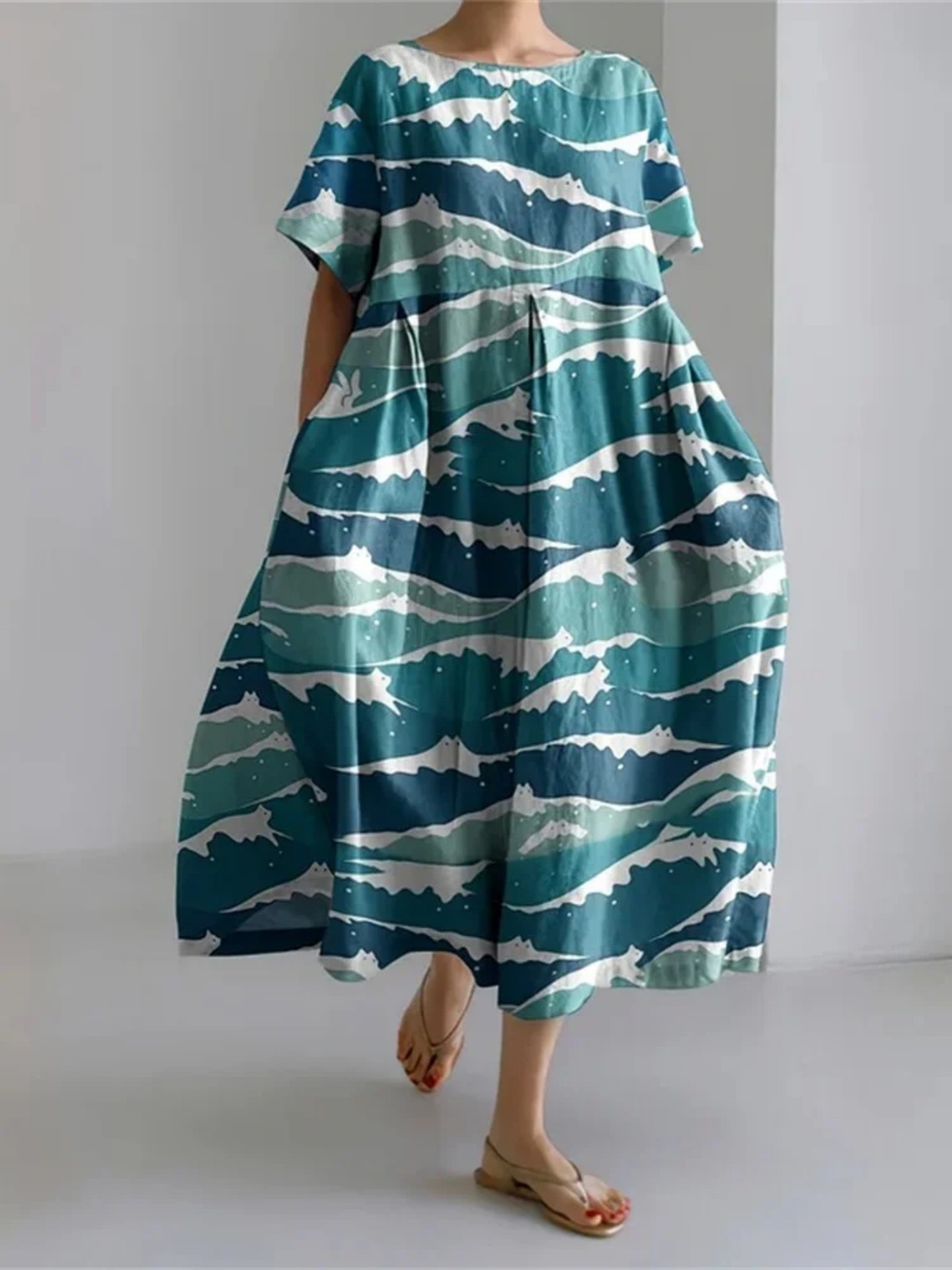Women's Animal Print Casual A-Line Dress with U-Neck and Short Sleeves