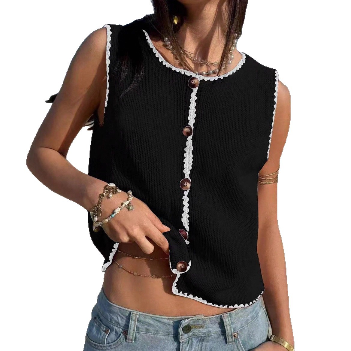 Women's Colorblock Trim Button-Front Sleeveless Sweater Vest