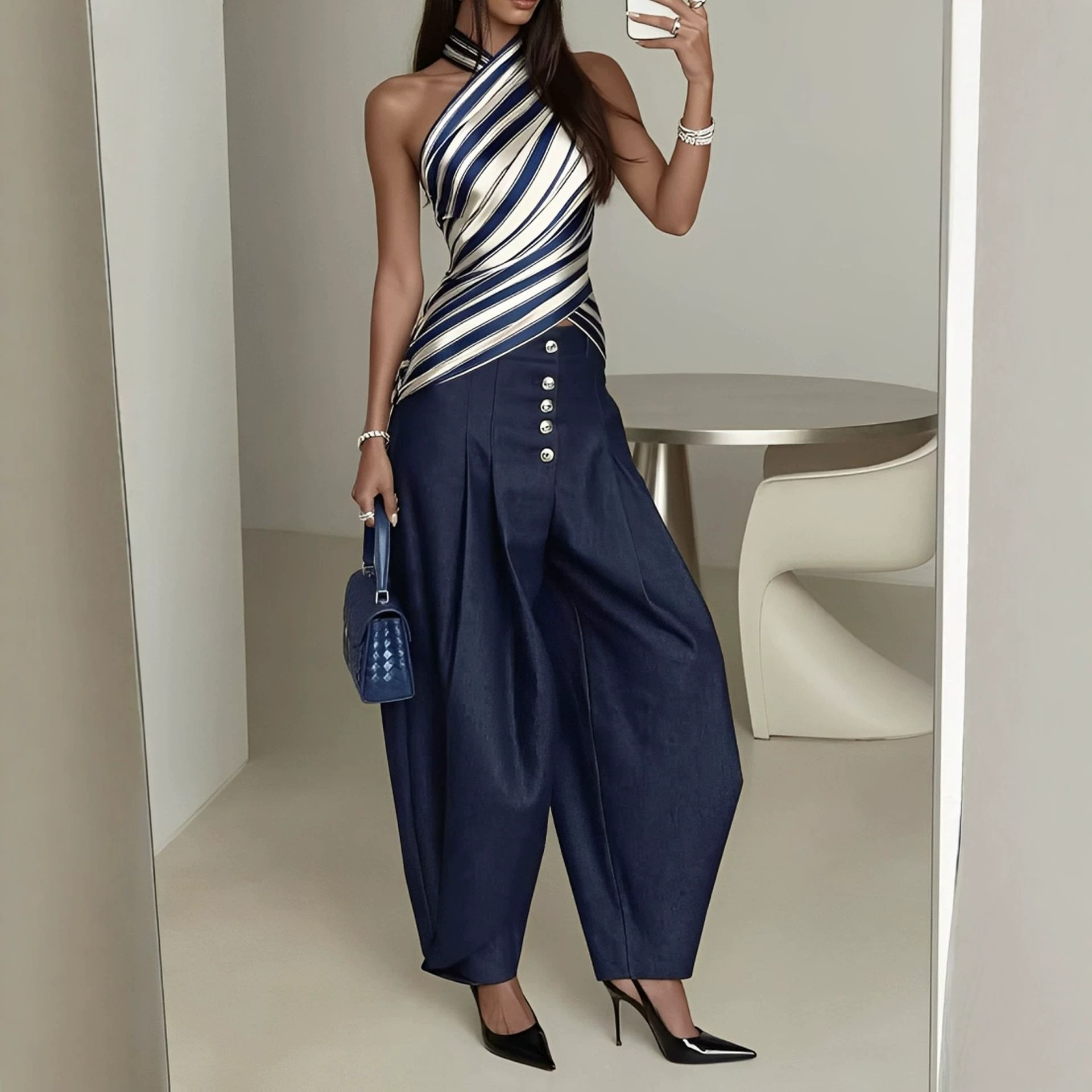 Women's Striped Asymmetrical Halter Tank Top and Curved Pants Set