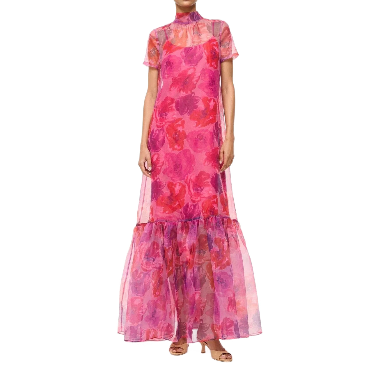 Printed Mesh Long Dress with Stand Collar Flowy Two-Piece Set