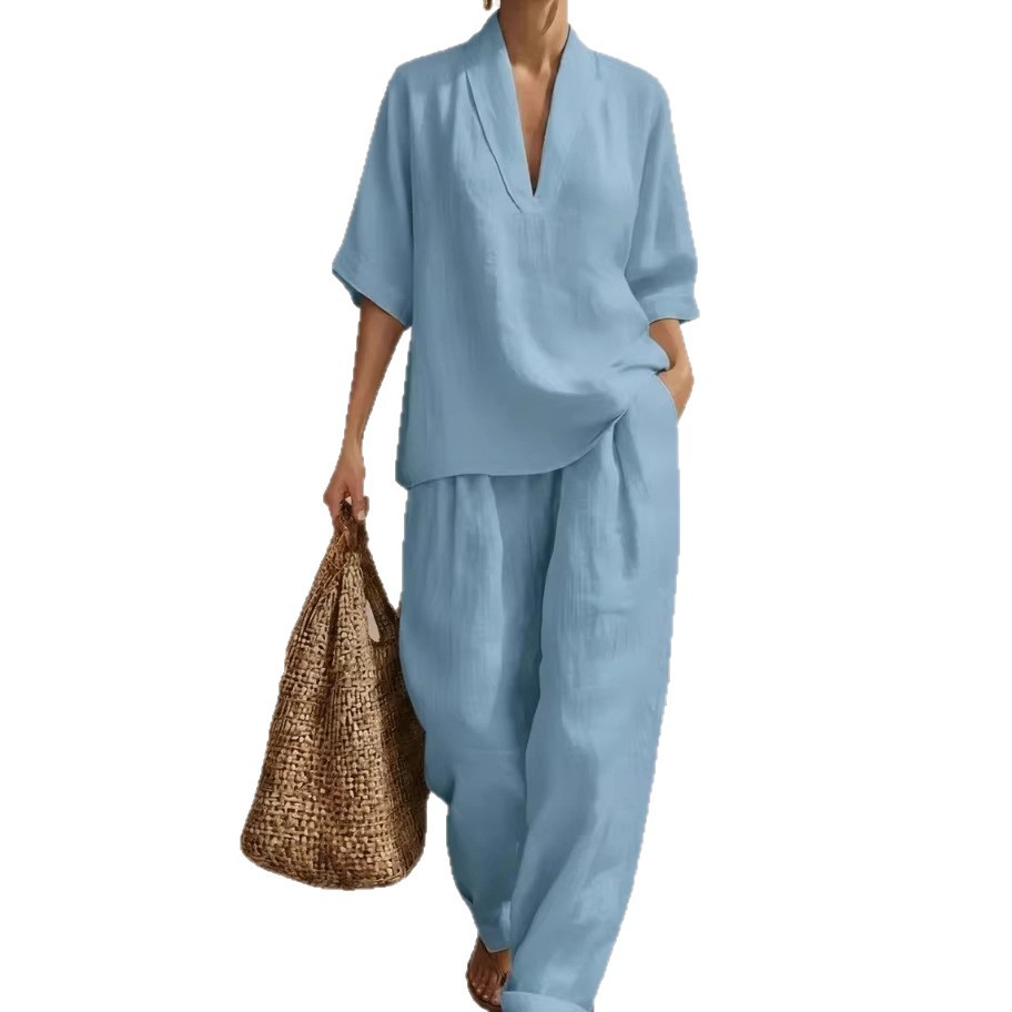 V-Neck Short Sleeve Top & Wide-Leg Pants Set