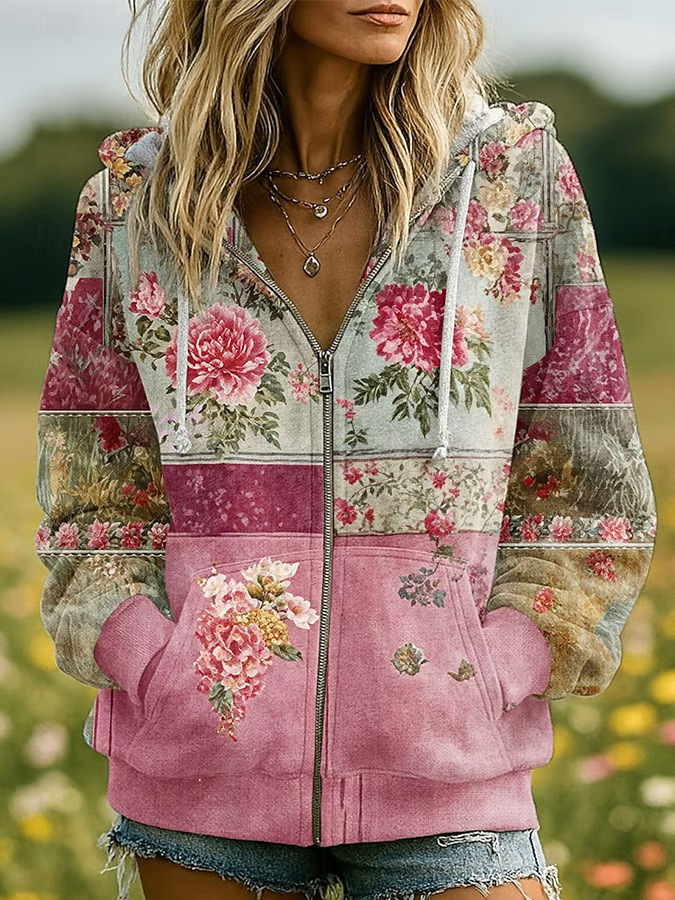 Women's Floral Pumpkin Print Zip-Up Hoodie