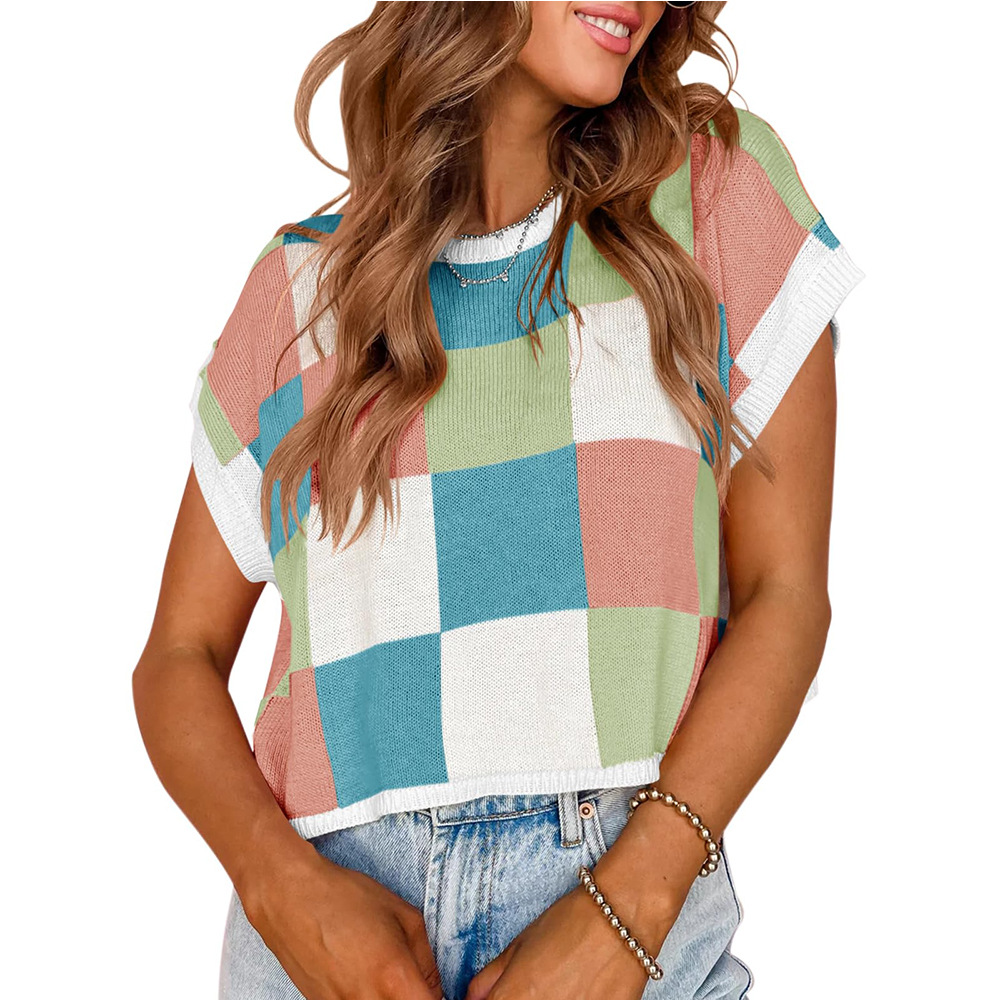 Color Block Checkered Crewneck Knit Crop Top Short Sleeve